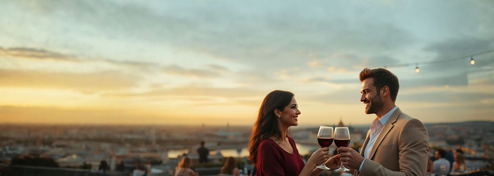 A smiling couple toasting on a Budapest rooftop terrace at sunset